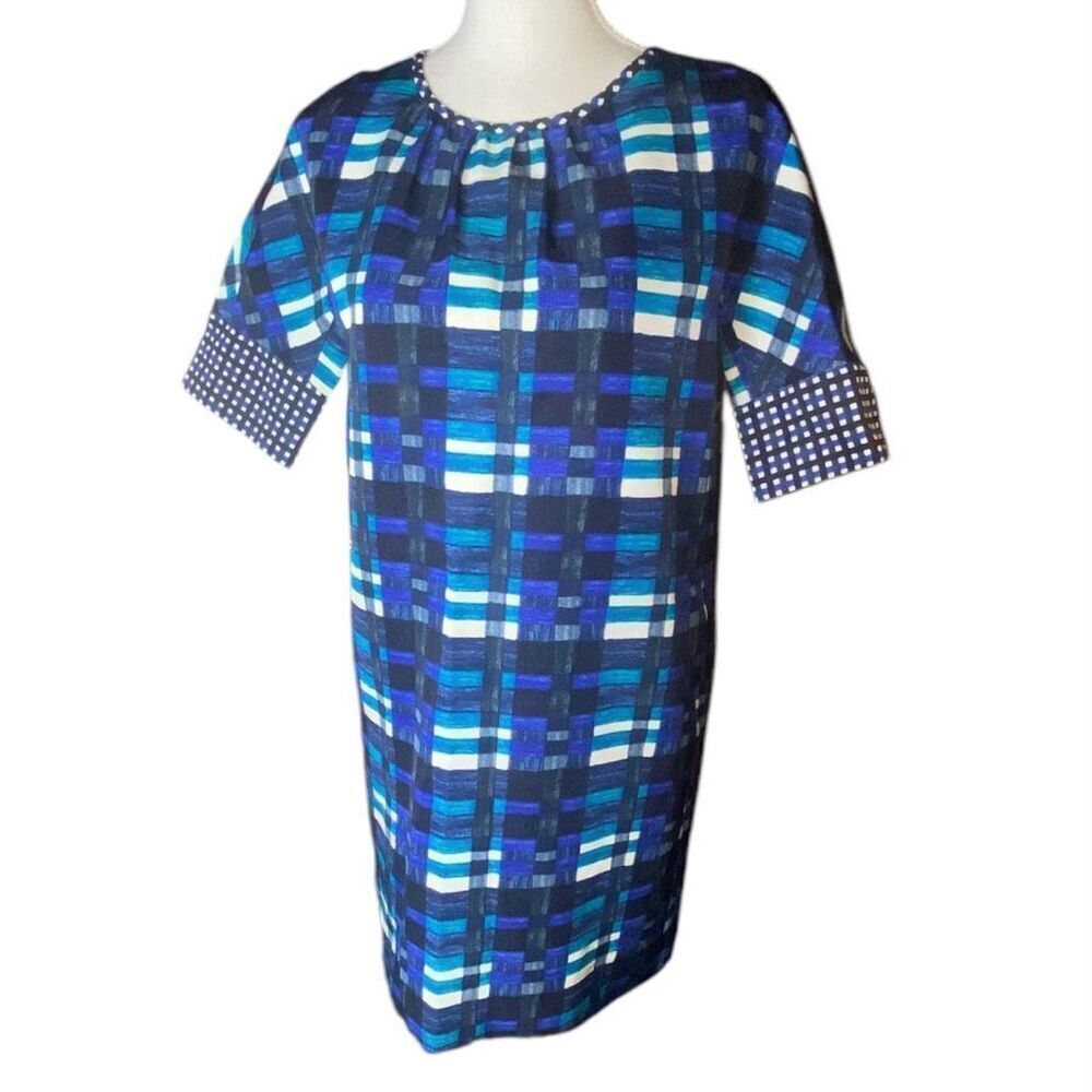 Weekend Max Mara Blue Geometric Abstract Cotton Plaid Shift MIDI Dress Wm’s Sz 4